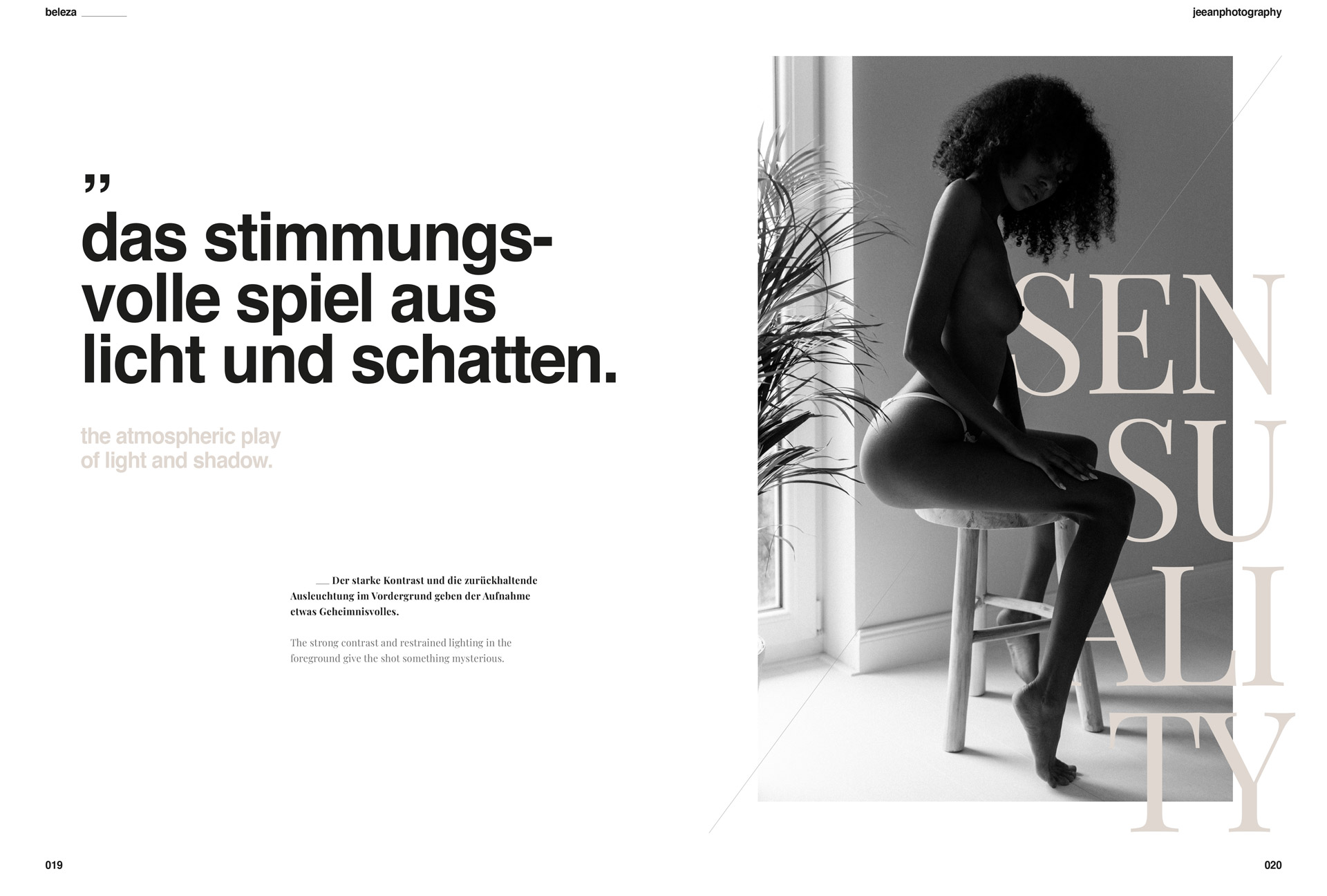 Frau auf Baarhocker und text: " das stimmungsvolle spiel aus licht und schatten."