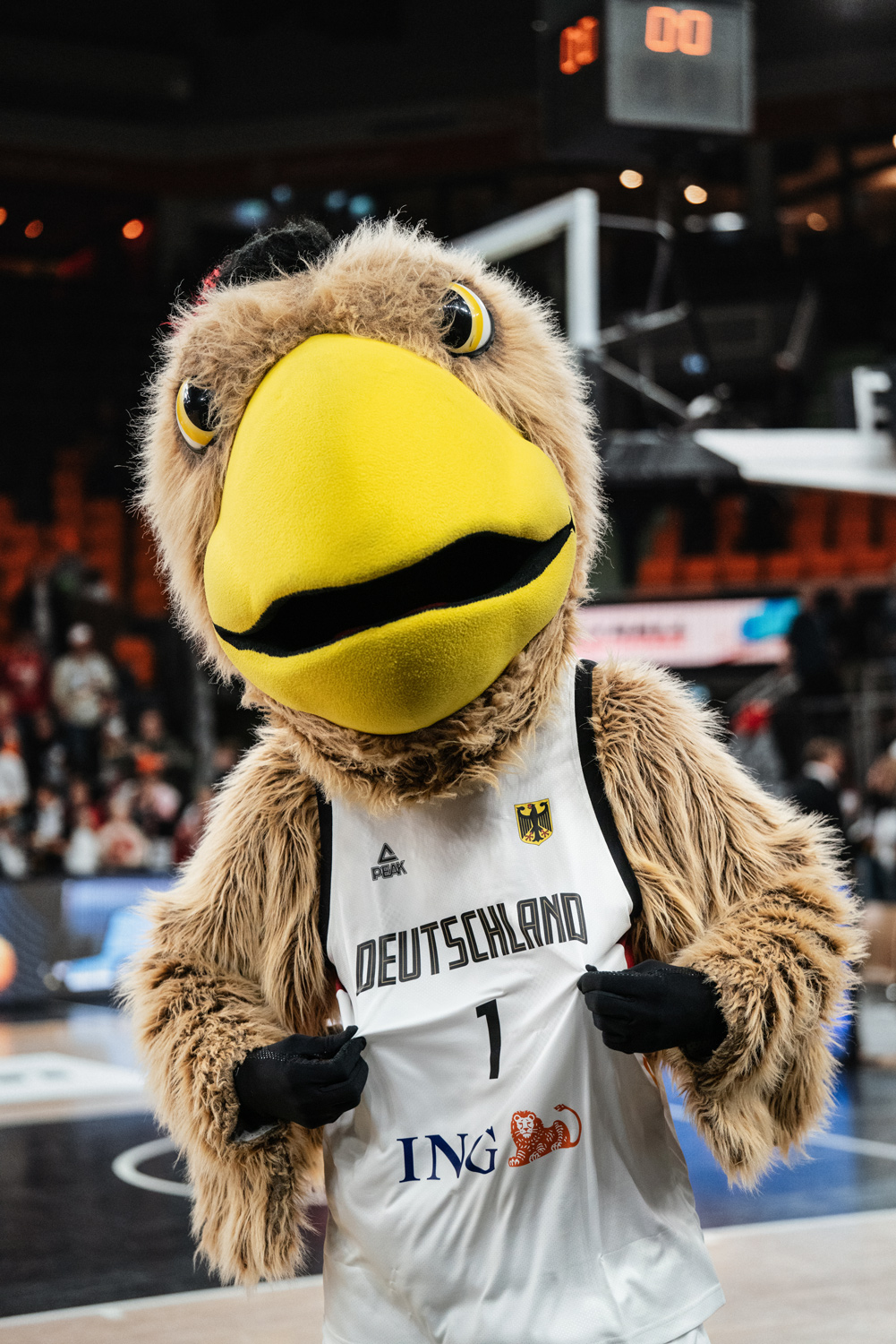 Maskottchen der deutschen Basketball Nationalmannschaft im Deutschland-Trikot in einer Basketballarena.